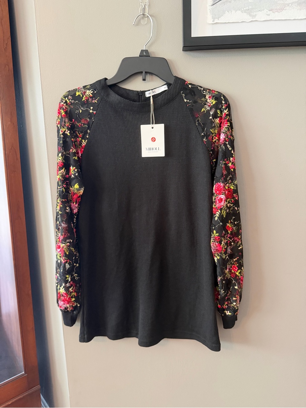 NWT Black Long-Sleeve Top with Sheer Floral Print Sleeves. Medium